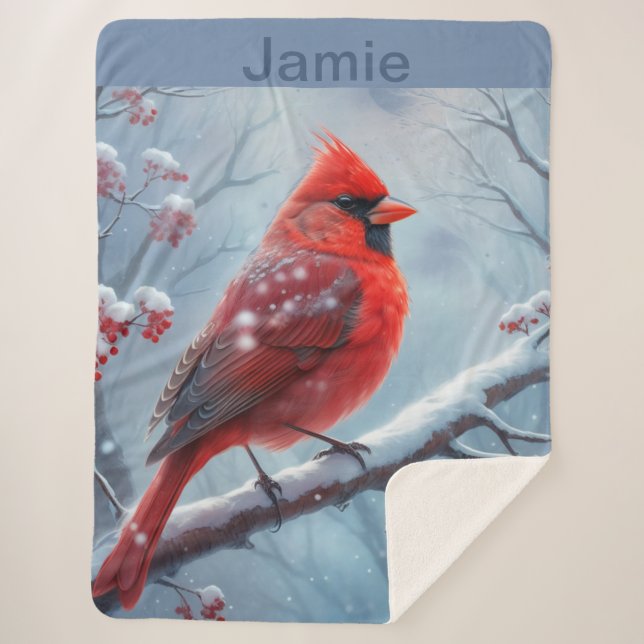 Customisable Winter Cardinal Fleece Blanket,  Sherpa Blanket (Front)