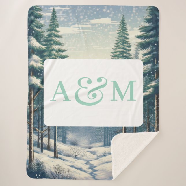 Customisable Winter Forest with Dual Monogram Sherpa Blanket (Front)
