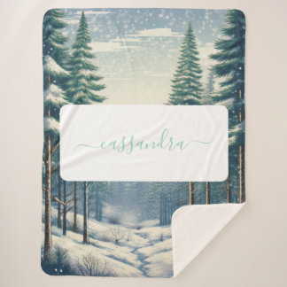 Customisable Winter Forest with Name Sherpa Blanket