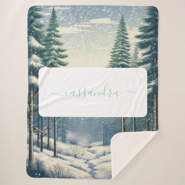 Customisable Winter Forest with Name Sherpa Blanket (Front)