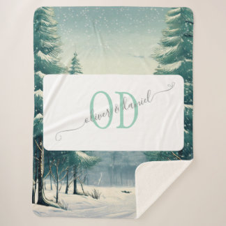 Customisable Winter Forest with Names & Monogram Sherpa Blanket