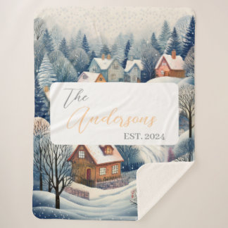 Customisable Winter Village Scene with Name & Year Sherpa Blanket