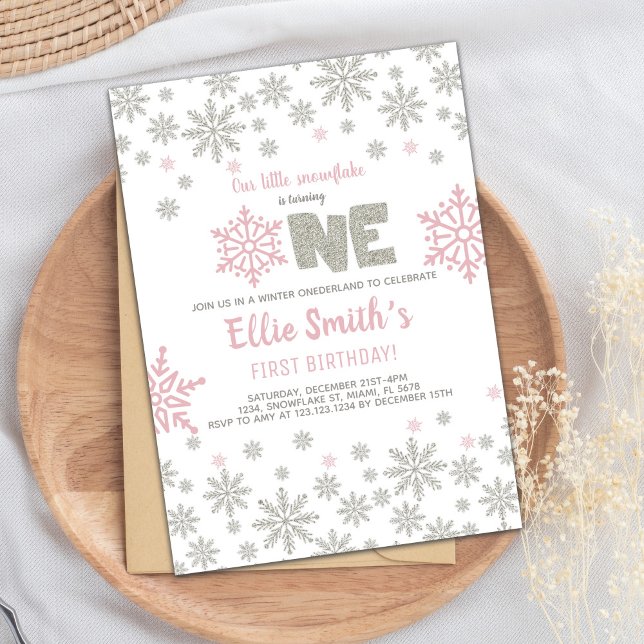 Customisable Winter Wonderland Party Card (Pink Silver Glitter Winter ONEderland Birthday Invitation)