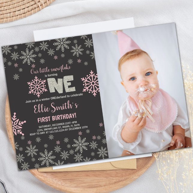 Customisable Winter Wonderland Party Invitations (Pink Photo Glitter Onederland Birthday Invitations)