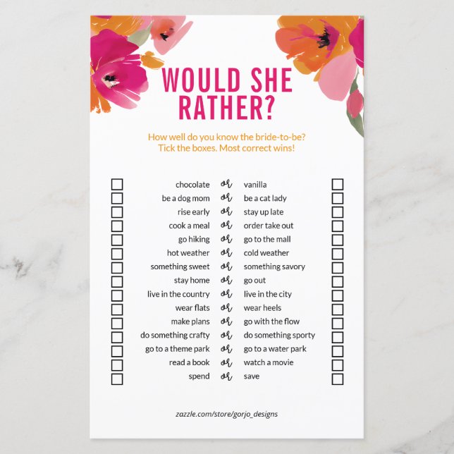 Customisable 'Would She Rather' Bridal Shower Game (Front)