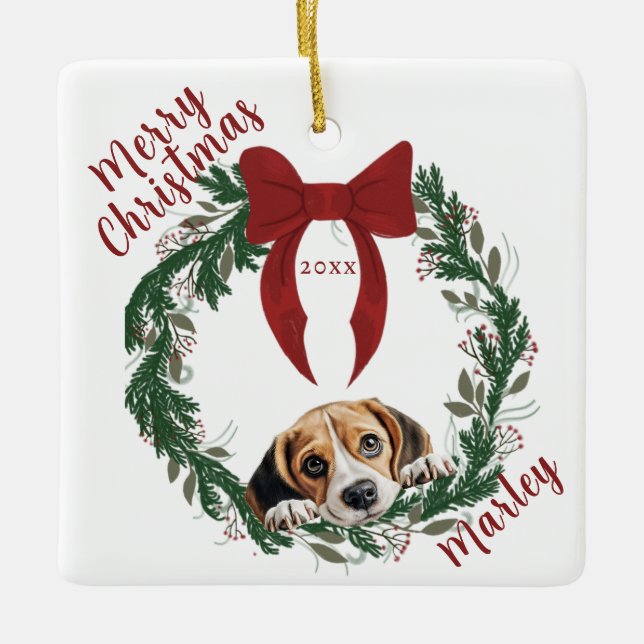 Customisable Wreath Beagle Dog Square Ornament (Front)