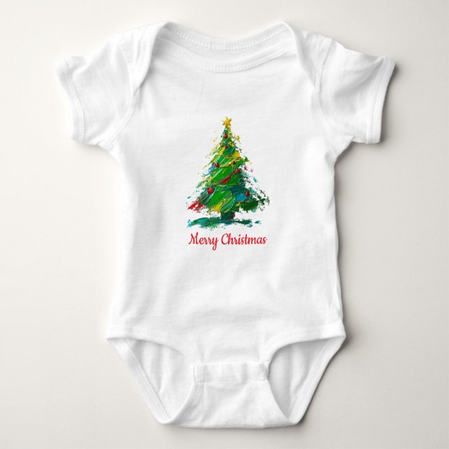 Customisable Xmas Tree Oil Painting Shortsleeve Baby Bodysuit (Front)