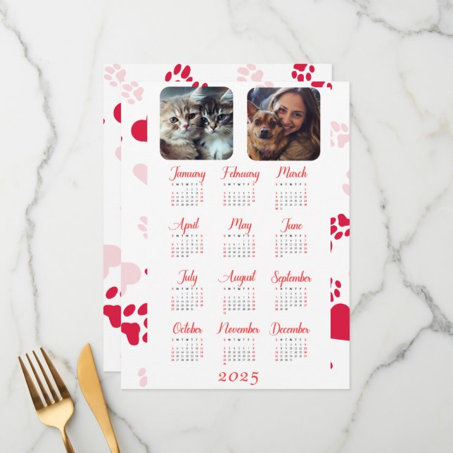 Customisable Yearly Calendar with Red Paw Prints Menu (Front/Back In Situ)
