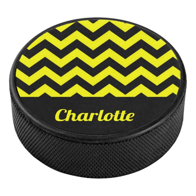 Customisable yellow and black chevron pattern hockey puck (3/4)