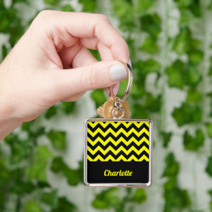 Customisable yellow and black chevron pattern key ring