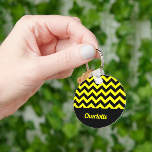 Customisable yellow and black chevron pattern key ring