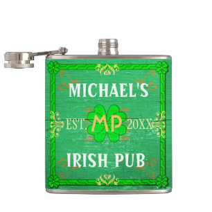 Customisable Your Name Irish Pub Green Hip Flask