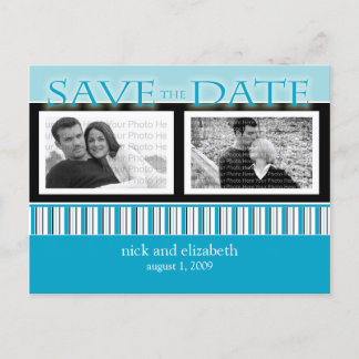 Customise Aqua Blue Save the Date Stripes Announcement Postcard
