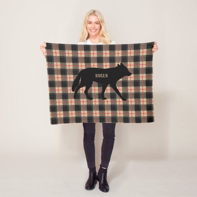 Customise Beige Buffalo Plaid Wild Coyote Dog Fleece Blanket (In Situ)