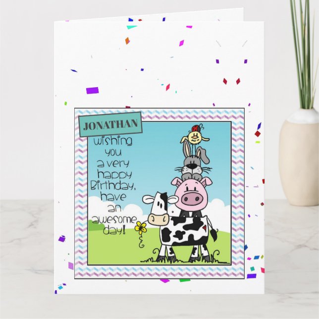 Customise Birthday Card - Cow Pig Rabbit Bird (Front)