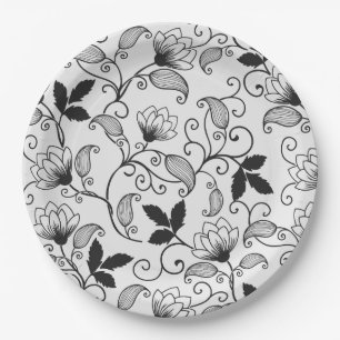 Customise Black Floral Pattern Paper Plate