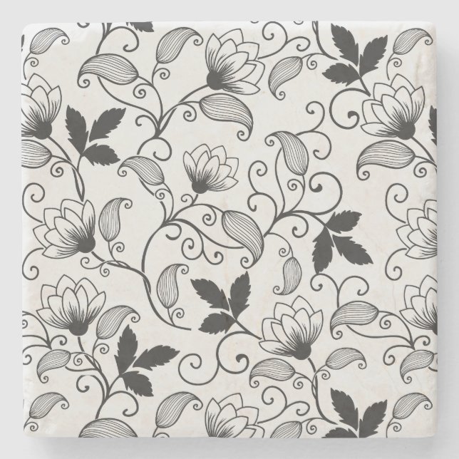 Customise Black Floral Pattern Stone Coaster (Front)