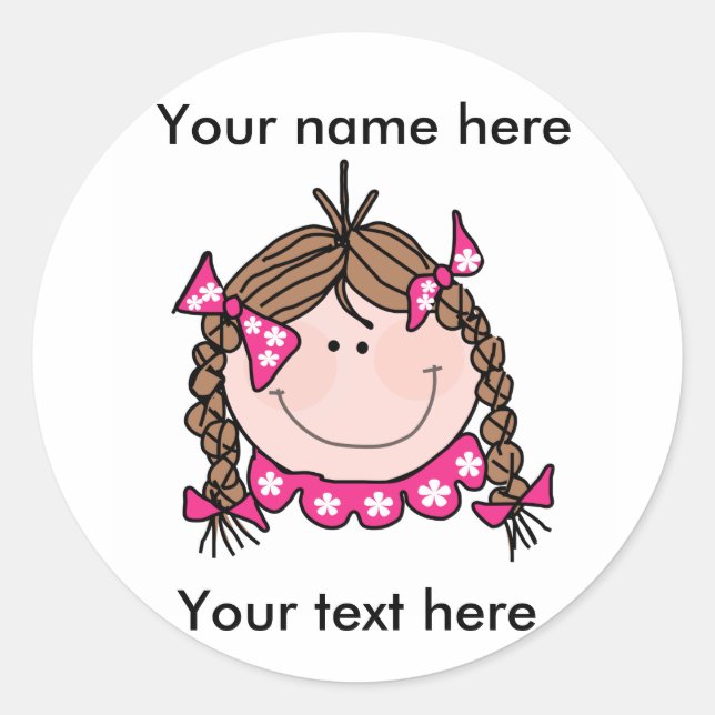 Customise Brunette Girl Braids Classic Round Sticker (Front)