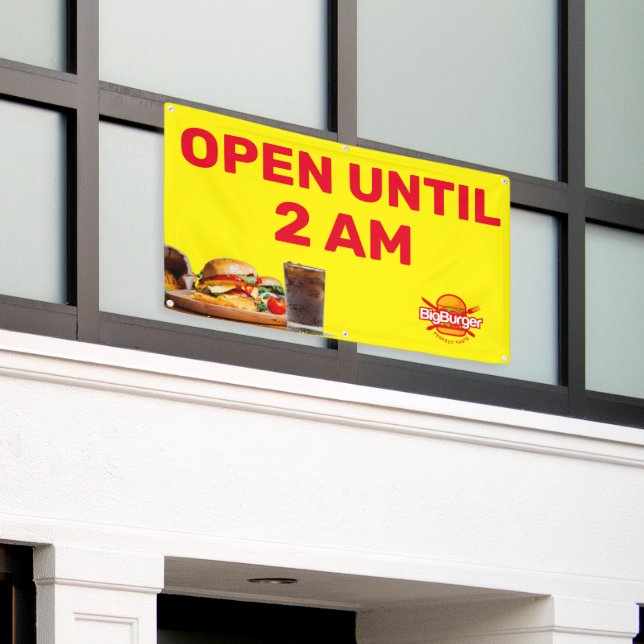 Customise Burger Restaurant  Logo Open Until 2AM  Banner (Outside Building)