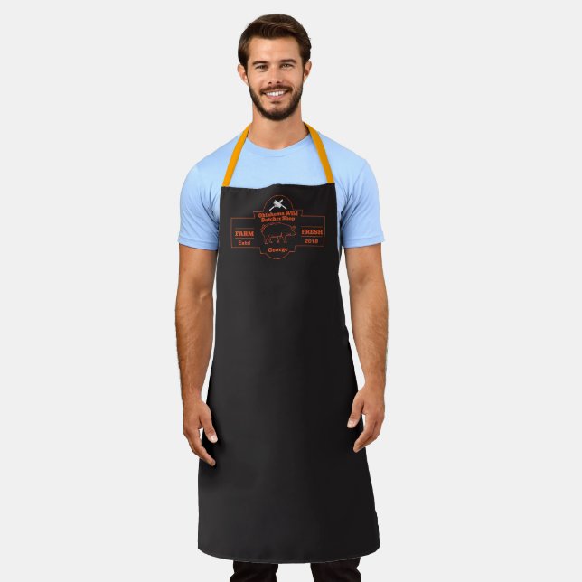 Customise Butcher Shop Hog Pig Orange Black Graphi Apron (Worn)