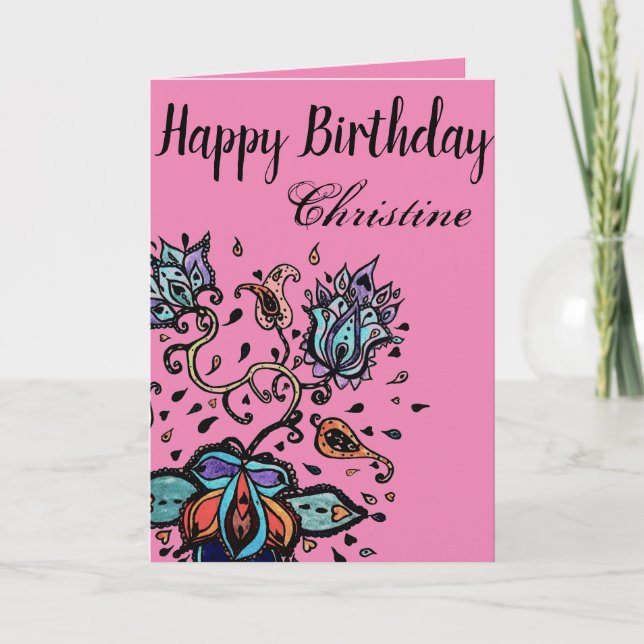 Customise by Name Happy Birthday Flower Design Card (Front)