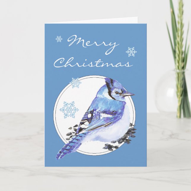 Customise Christmas Blue Jay, Watercolor Bird Holiday Card (Front)