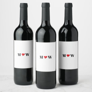 Customise Couple  initials A Loves B red heart Wine Label