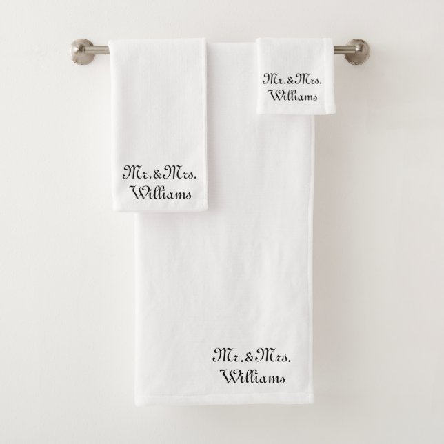 Customise Couple's last name Mr. & Mrs. black whit Bath Towel Set (Insitu)