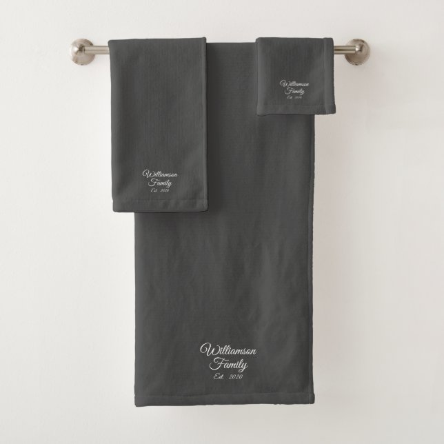 Customise Couple's last name, year charcoal grey Bath Towel Set (Insitu)