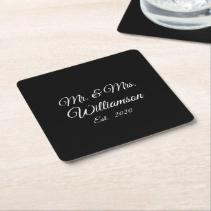Customise Couple's last name, year, number black Square Paper Coaster