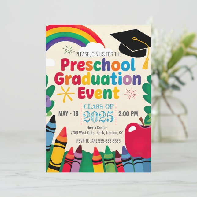 Customise Crayon Rainbow Preschool Graduation Cap Invitation (Standing Front)