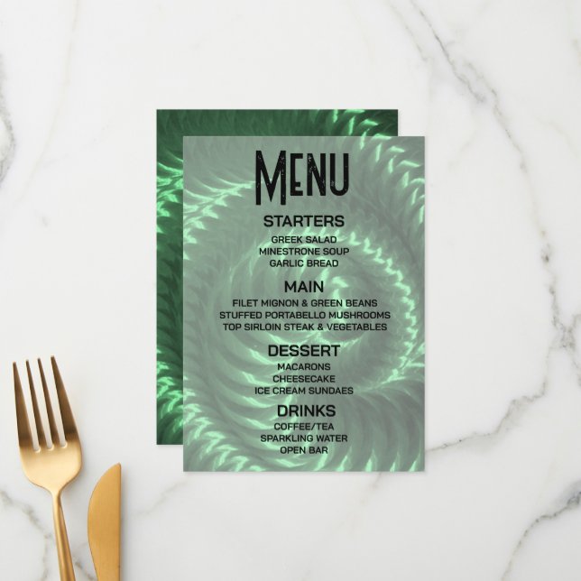 Customise - Create Your Own Green Metallic Spiral Menu (Front/Back In Situ)