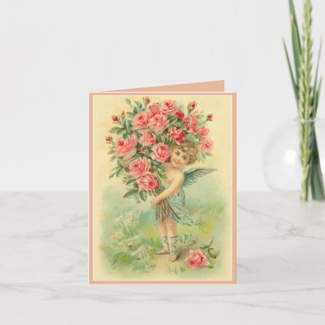 Customise Cupid Angel with Roses Holiday Card (Front)