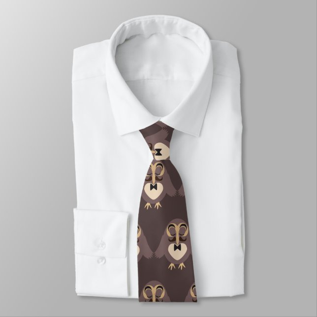 Customise Cute Brown owl with Moustache pattern Tie (Tied)