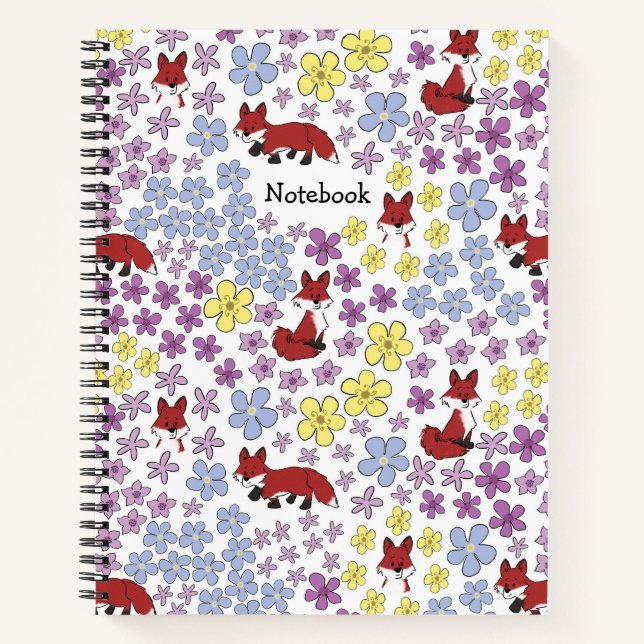 Customise Cute Red Fox Colourful Wildflowers Notebook (Front)