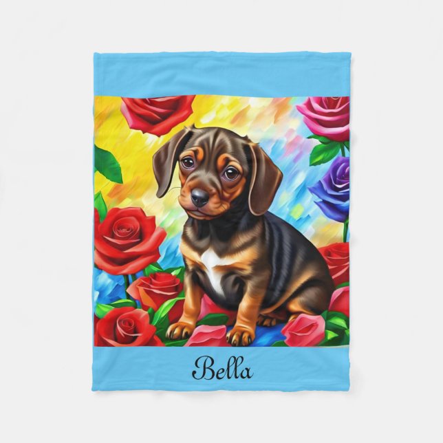 Customise Dachshund Puppy colourful Fleece Blanket (Front)