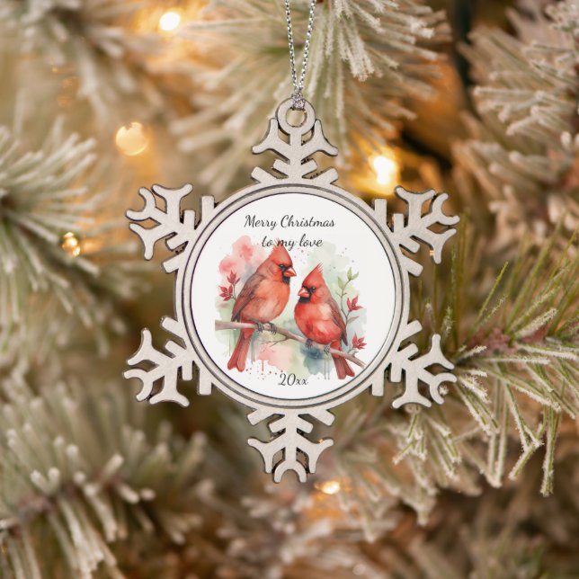 Customise Dated Cardinal to my Love Snowflake Pewter Christmas Ornament (Tree)