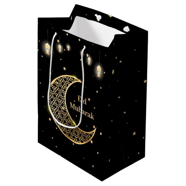 Customise Eid Mubarak / Ramadan Kareem Gold Medium Gift Bag (Front Angled)