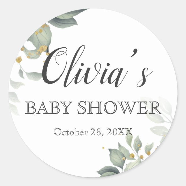 Customise Elegant Greenery Modern Baby Shower RSVP Classic Round Sticker (Front)