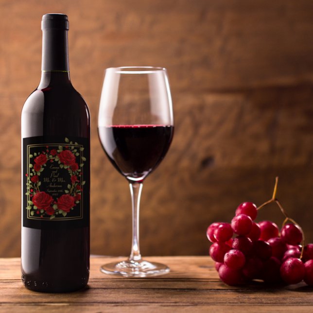 Customise Elegant Red Roses Gold Framed Black Wine Label (Creator Uploaded)