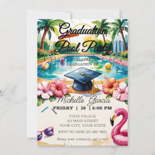 Customise Flamingo Pool Graduation Party Hibiscus Invitation