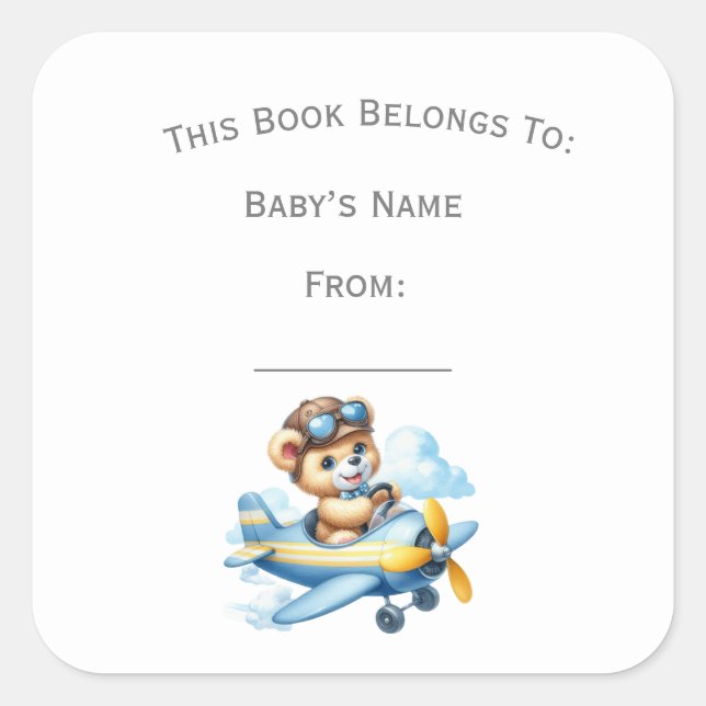 Customise Flying Teddy Bear Book Plate Square Sticker (Front)