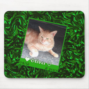 Customise frame photo cat pet, green metal texture mouse pad