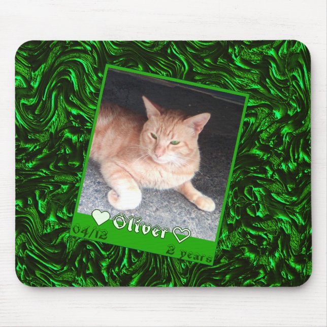 Customise frame photo cat pet, green metal texture mouse pad (Front)