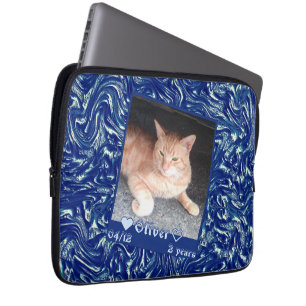 Customise frame photo cat pet on dark blue texture laptop sleeve