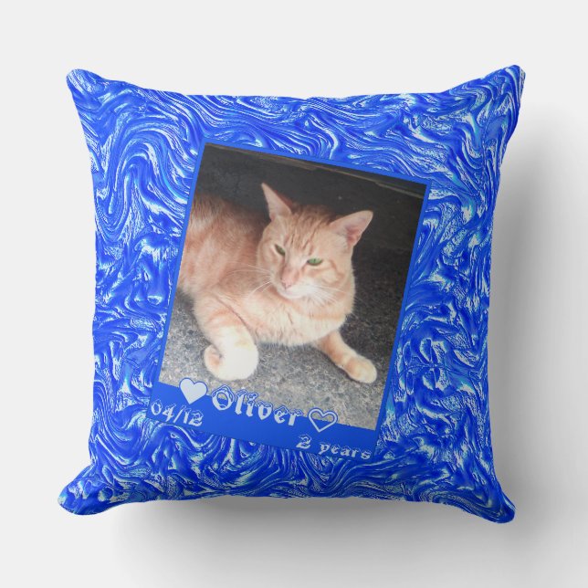 Customise framed photo cat pet over blue texture cushion (Front)