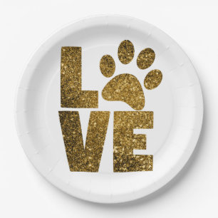 Customise Golden Glitter Love Text with Animal Paw Paper Plate