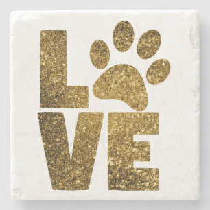 Customise Golden Glitter Love Text with Animal Paw Stone Coaster