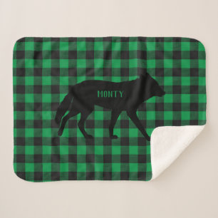 Customise Green Buffalo Plaid Wild Coyote Dog Sherpa Blanket