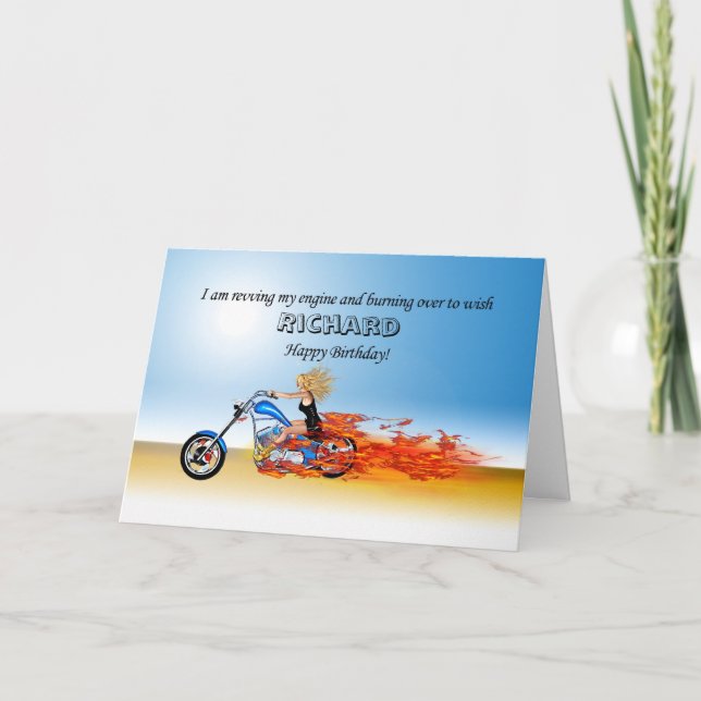 Customise Happy Birthday with a Flaming Motorcycle Card (Front)